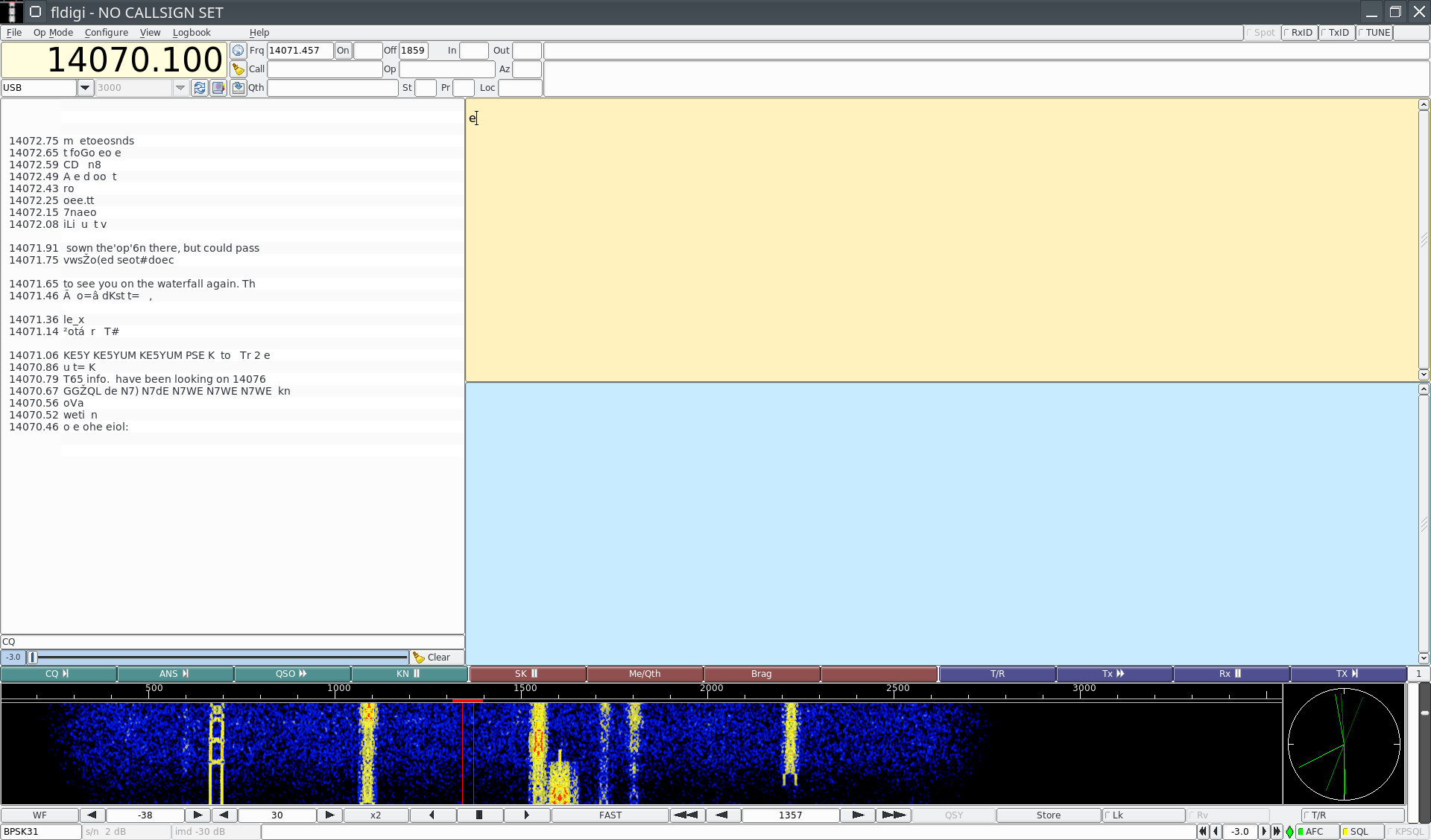 Figure 7 — fldigi running PSK31 with an active waterfall. The interface is more compact than WSJT-X — fits the PicoCalc 320×320 display tolerably with the waterfall, decoded text, and TX buffer all visible at…