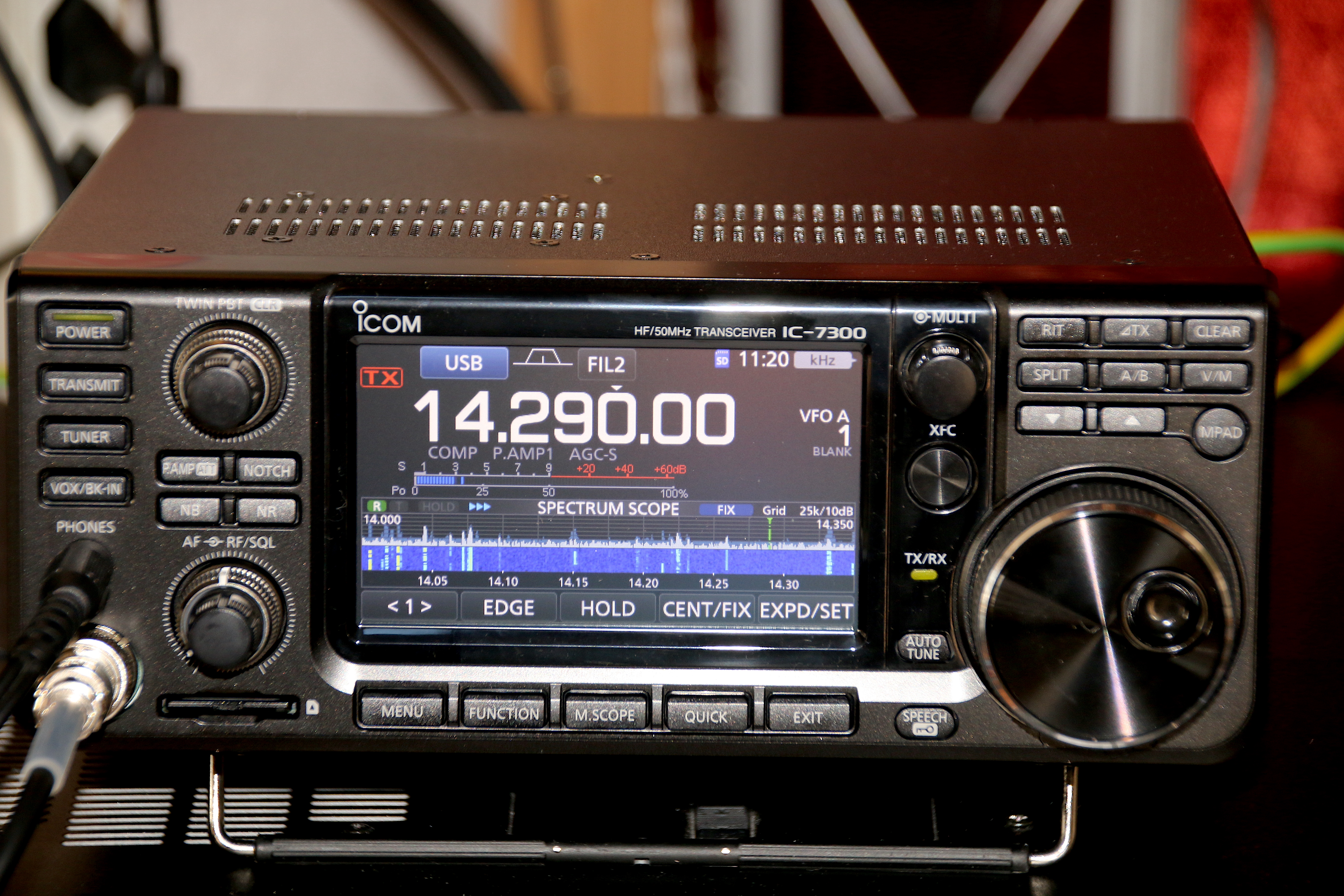 Figure 5 — Icom IC-7300 HF/VHF transceiver — representative example of the modern desk-rig class the PicoCalc + Pi Zero pairs with for digital-mode operation. CAT control via USB, audio in/out via USB or rear…