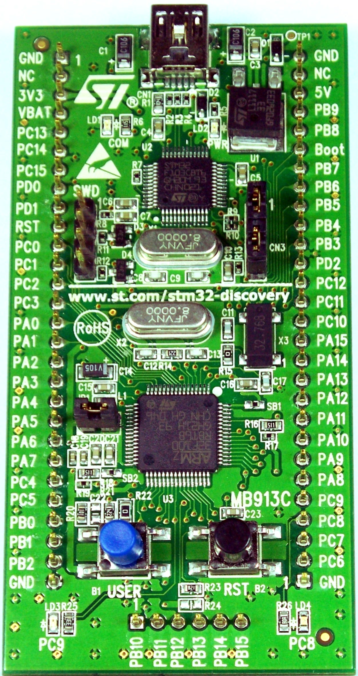 Figure 5 — An STM32 Discovery board, showing a representative STM32F1 series MCU in the LQFP package family used on the PicoCalc carrier. The PicoCalc's U2 is the same architecture, in LQFP-64.