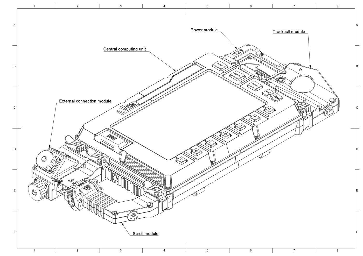 Figure 3 — 3 — Annotated top view of the DFCD modules — central computing unit, power module, trackball module, external connection module, and scroll module. Drawing: ArcticEnrichmentCenter, DFCD up…