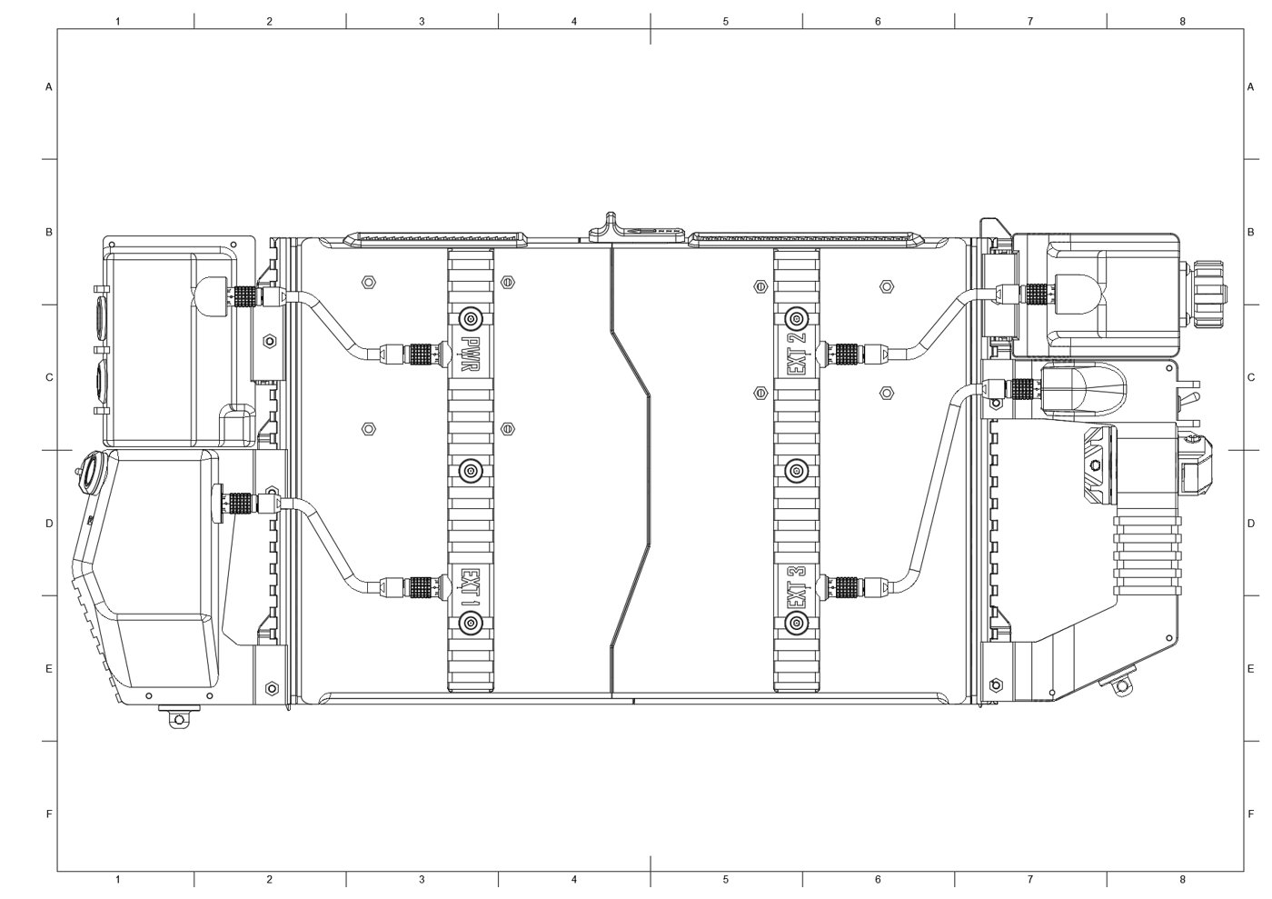 Figure 3 — 3 — Upstream CAD of the rear connector rail, showing the PWR and EXT1–EXT3 self-locking sockets that carry power and USB signal from the chassis to the docked side modules. Drawing: Arctic…