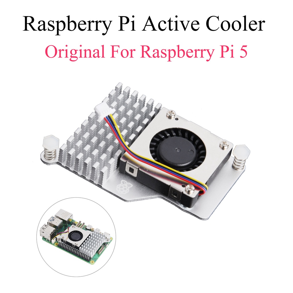 Figure 11 — 11 — A Raspberry Pi 5 active cooler: finned heatsink, PWM blower fan on a keyed 4-pin JST connector, spring-loaded retention screws — the class of part the r.1 Build Guide's own base BOM a…