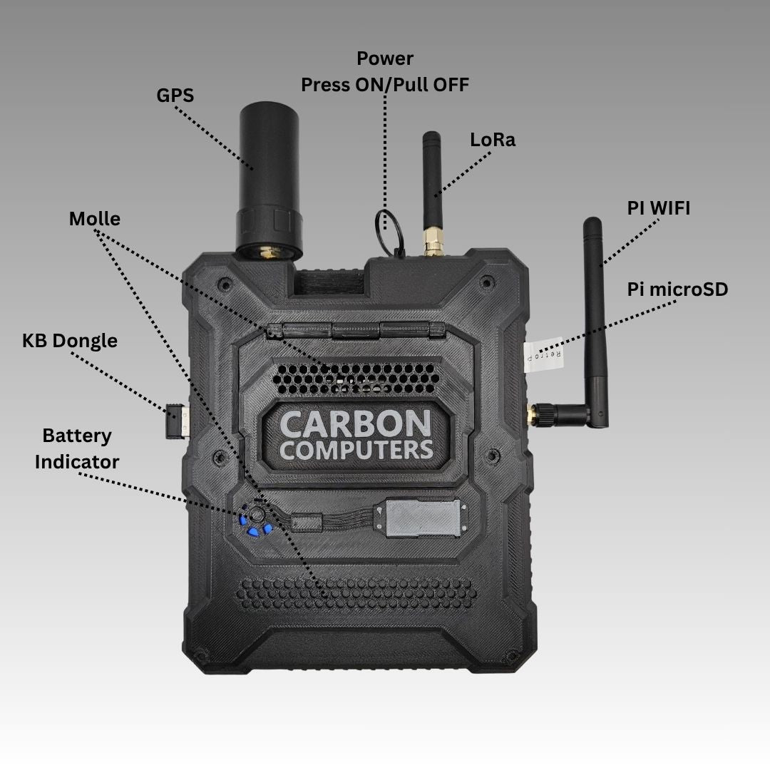Figure 14 — 14 — The finished PiFlux exterior, labeled directly by Carbon Computers: GPS antenna, the top pull power switch, LoRa antenna, the Pi's own WiFi antenna, the externally accessible microSD …