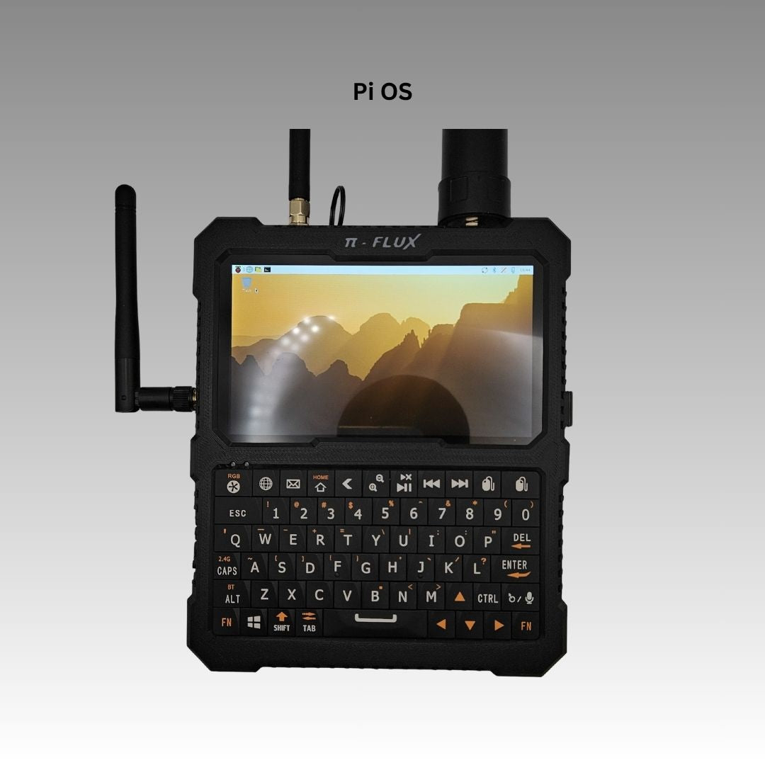 Figure 1 — 1 — The PiFlux's 1920×720 display running a Linux desktop, showing the unusually wide aspect ratio. Photo: Carbon Computers, carboncomputers.us.
